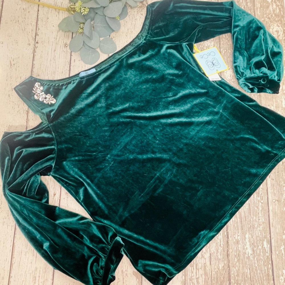 CeCe Rhinestone One Shoulder Velvet Top